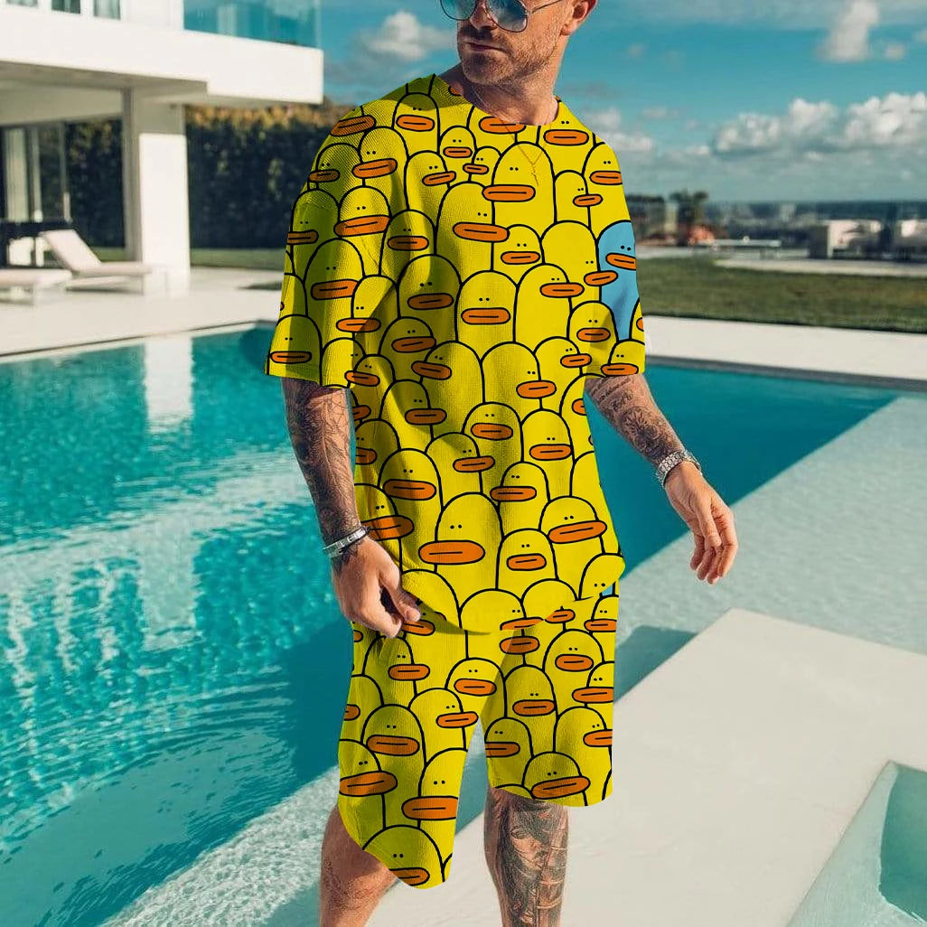 Cute duck 3D printed T-shirt shorts set for men's casual fashion loose short sleeved T-shirt pants set for men's lightweight and