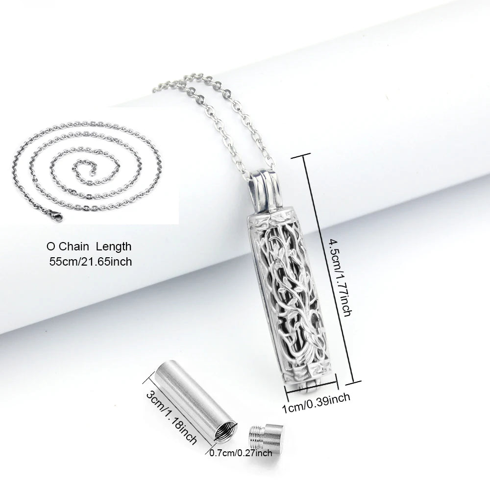 Cylinder Urn Necklace for Ashes Tree of Life Cremation Jewelry Hollow Cylinder Vial Pendant Necklace Memorail Ashes Lockets