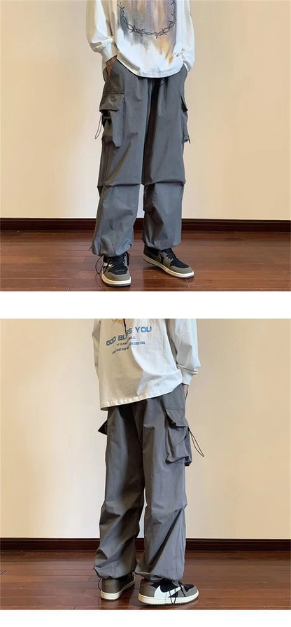 Streetwear 2024 Spring Harem Casual Pants Men Elastic Waist Solid Color Cargo Pants Multi Pocket Loose Baggy Pants For Women