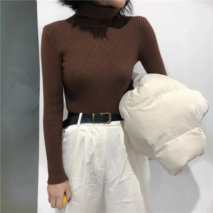 2026 Autumn Winter Sweater Women Knitted Ribbed Pullover Sweater Long Sleeve Turtleneck Slim Jumper Soft Warm Pull Femme