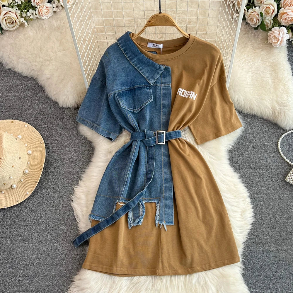 Retro Hong Kong Sle Chic Casual Mid-Length round Ne Patchwork Color Denim irt with Belt Spring New Women's Faion Top