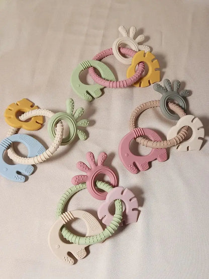 4 In One Baby Silicone Teether Ring BPA Free Rattles Bracelet Food Grade Elephant Cute Octopus Shaped Teething Ring Toys