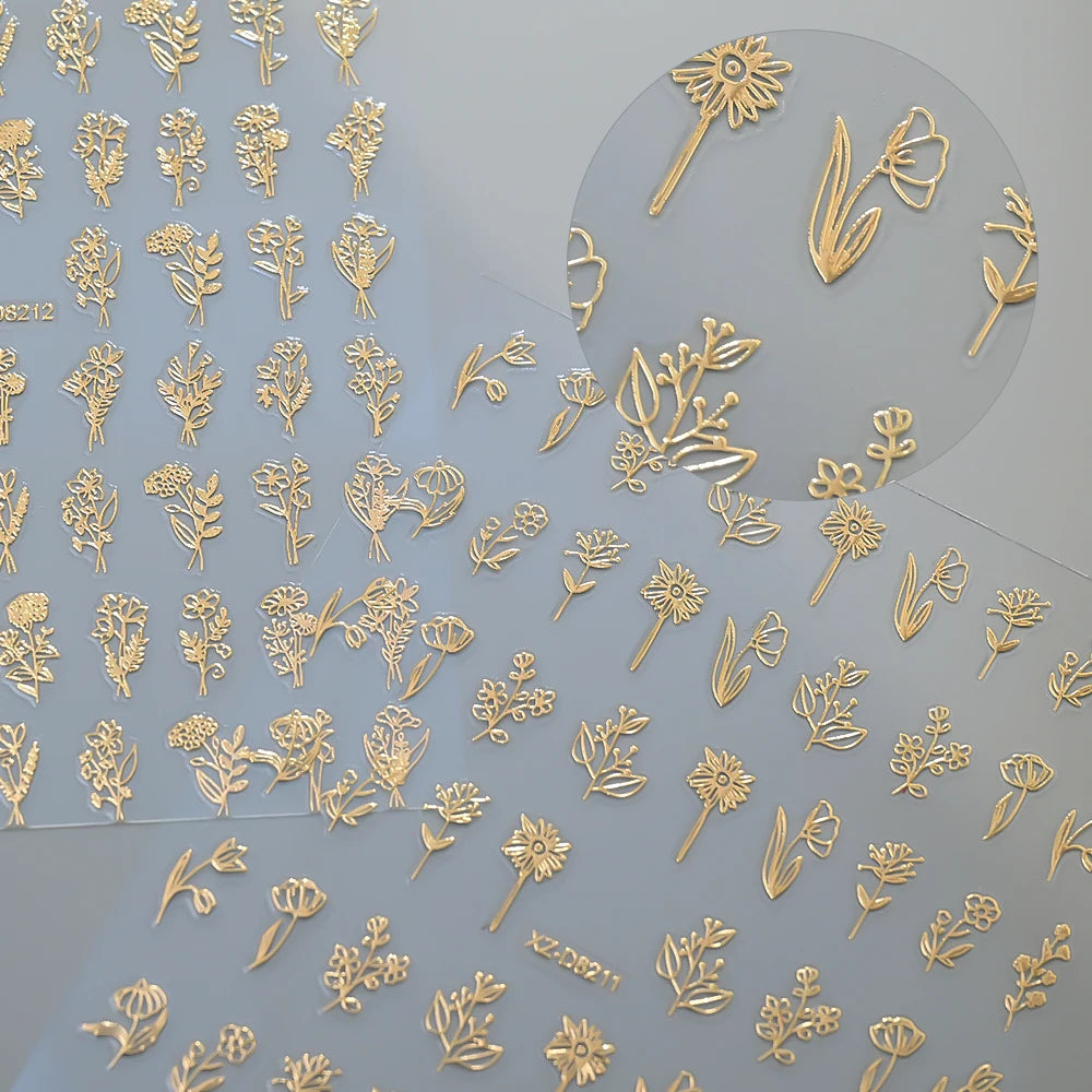 12Pcs 3D Gold Exquisite Flower Leaf Nail Art Stickers Metallic Floral Leaves Self-Adhesive Nail Decals DIY Retro Manicure Decor