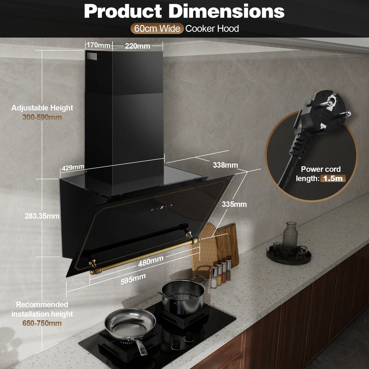 60cm Wall Hood - 400m³/h Suction, A+++ Energy, LED Lights, Dual Filter System, Retro Design‌