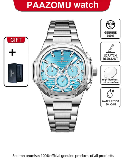 PAAZOMU Fashion Brand Man Wristwatch Waterproof Stainless Steel Luminous Men Watch Chronograph Date Luxury Quartz Men's Watches