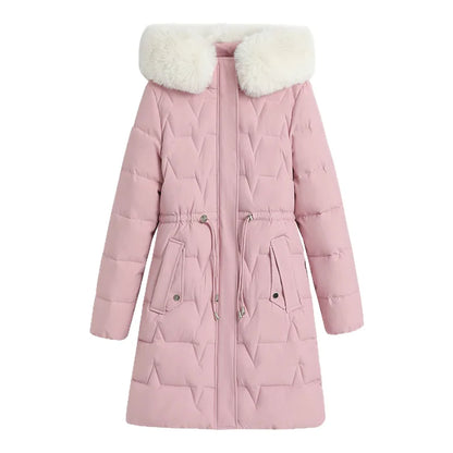 Hooded Women Parkas Coats Mid LenthJackets  Oversize Solid Fur Collar Zipper Drawstring Waist Loose Casual 2025 Autumn Winter