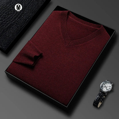 Men's V-Neck Basic Solid Color Sweatshirt Warm Autumn Knitted Oversize Pullover Elastic round Neck Sweater for Casual Wear