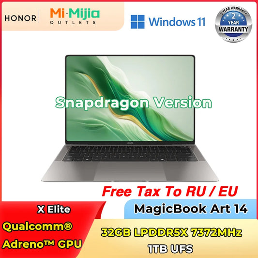Honor MagicBook Art 14 Snapdragon Edition 1kg Ultra Thin Laptop X Elite 32G 1T 3.1K Eye Screen Notebook