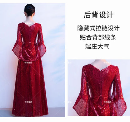 Wine Red Bride's Toast Dress, Women's 2025 New Style Spring Wedding and Engagement Dress, Sequined, Elegant and Grand Evening Dr