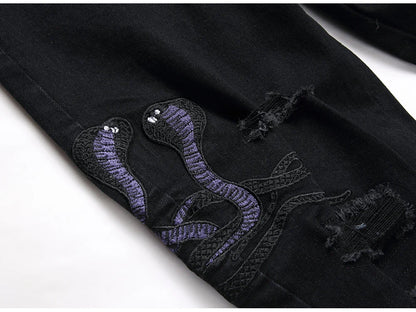 Men Snake Embroidery Jeans Streetwear Black Stretch Denim Pants Holes Ripped Distressed Slim Straight Trousers