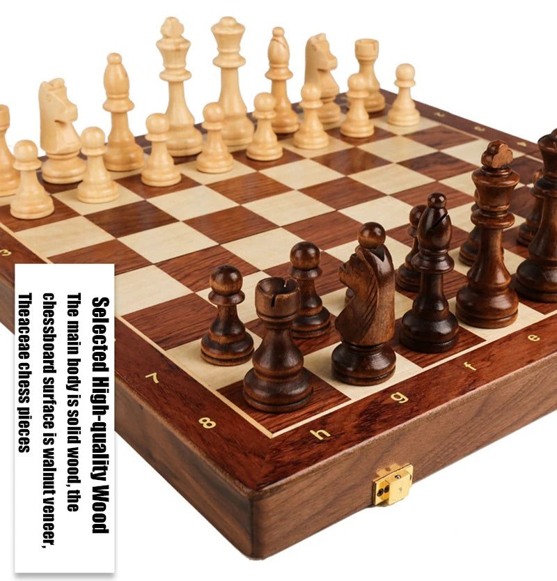 15" x 15" High-end Folding Chess Set Top Grade Classic Handwork Solid Wood Pieces Walnut Chessboard Children Gift Board Game