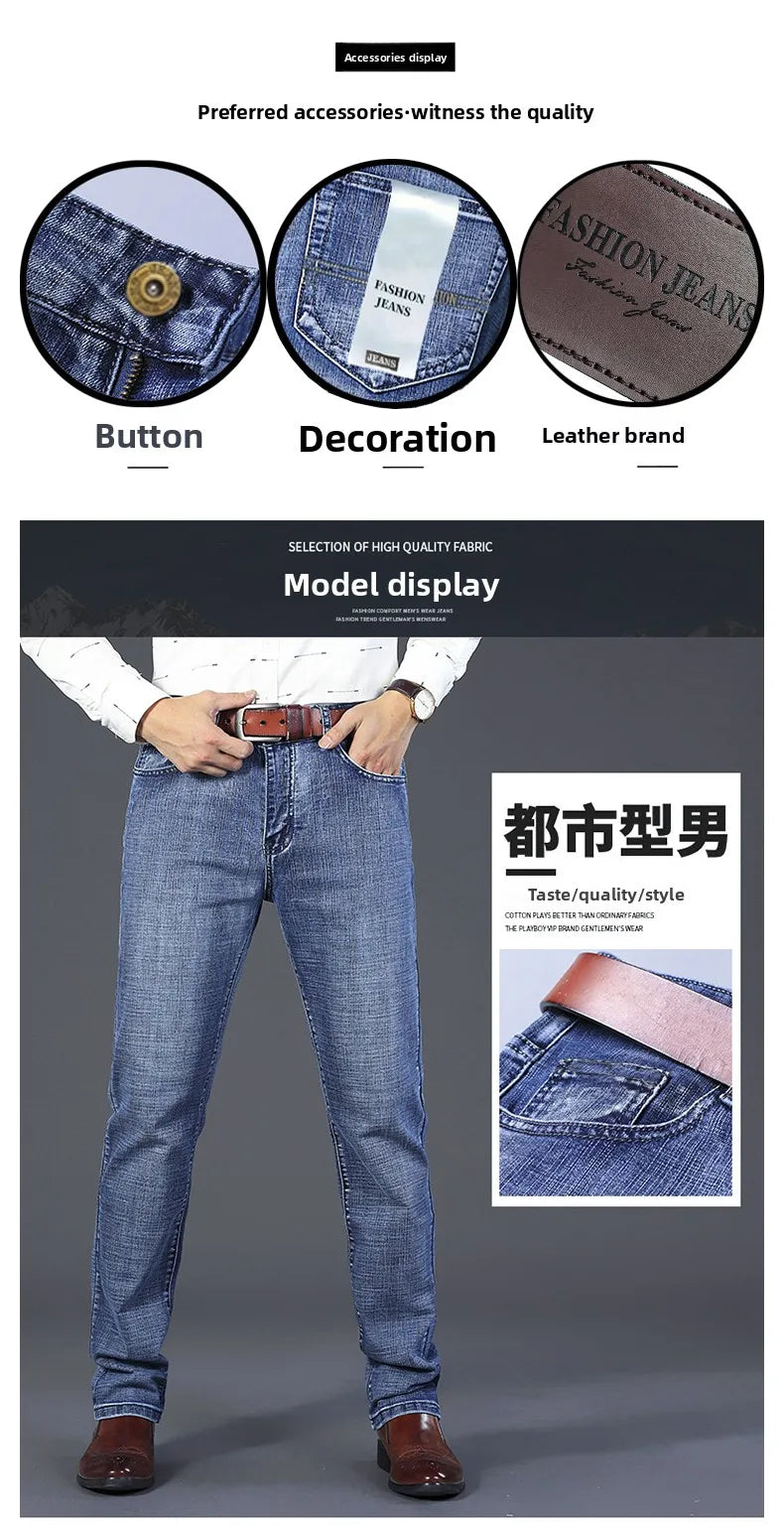 2026 Brand Slim Washed Jeans Casual Straight Stretch Fashion Classic Blue Black Work Denim Trousers Male Brand Clothing