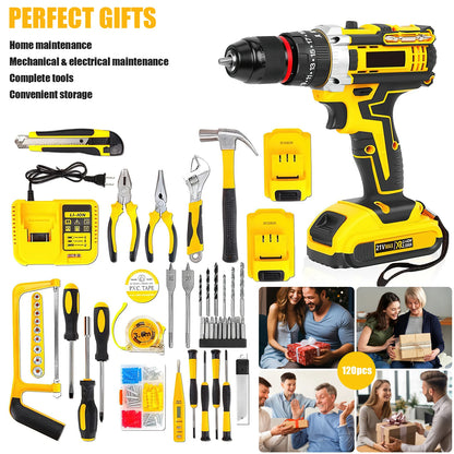 21V Portable Cordless Power Drill Set Impact Screw Driver with 120 Piece Toolbox with 2 Rechargeable Battery LED Light for Home