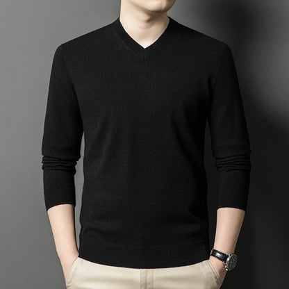 Men's V-Neck Basic Solid Color Sweatshirt Warm Autumn Knitted Oversize Pullover Elastic round Neck Sweater for Casual Wear