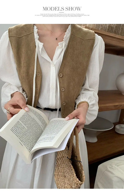 Retro Vests Women V-neck Single Breasted All-match Korean Style Spring Autumn Layering Outerwear Cozy Vintage Loose Comfortable