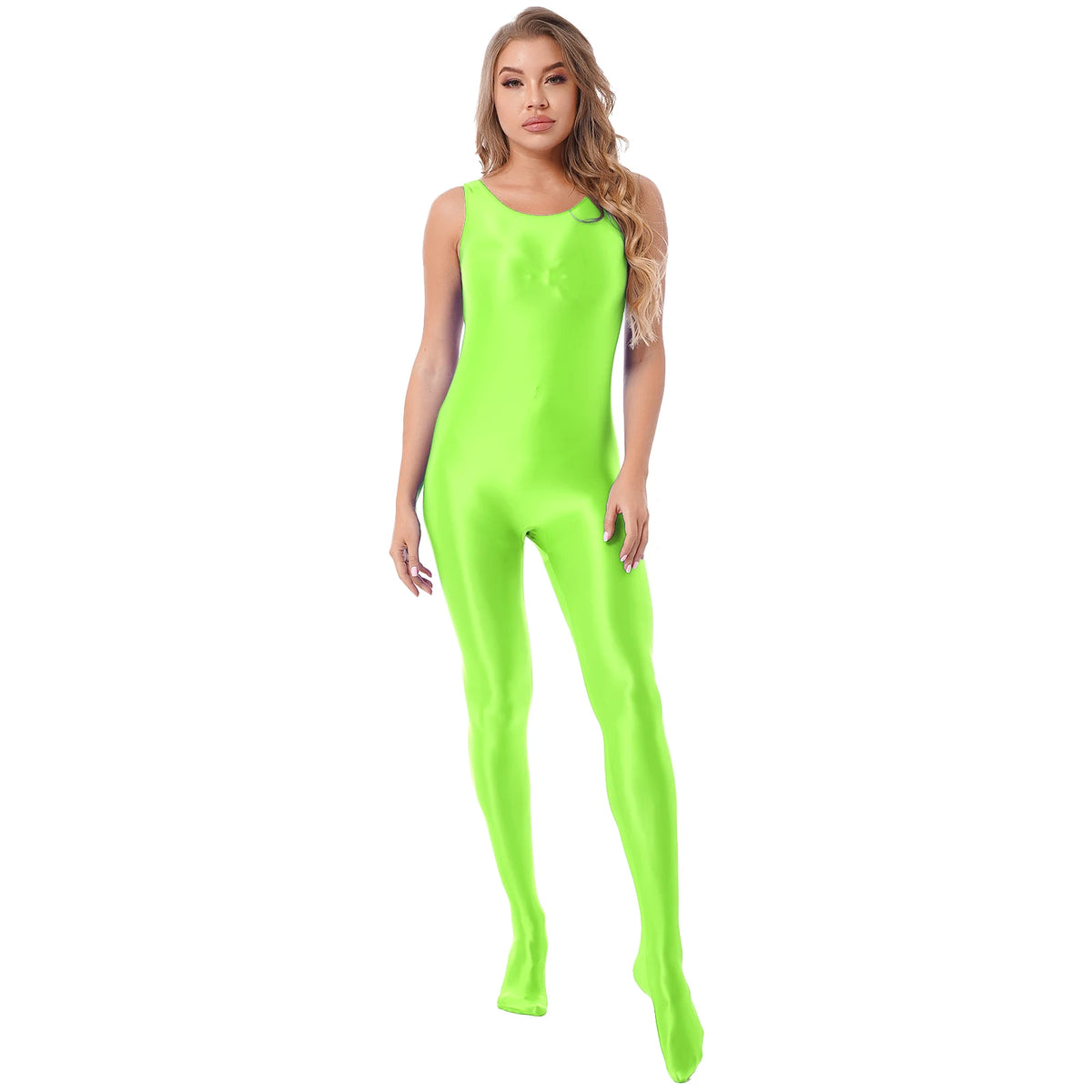 Women's Sleeveless Full Body Bodysuit Glossy Jumpsuit Gymnastics Fitness Swimming Leotard Pole Dance Costume Clubwear Lingerie