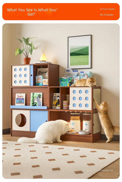 Triple-Function Cat House with Litter Box & Storage,Human-Pet Shared Furniture,Cat Tree Hut, Indoor Cat Den,Multi-Level Cat Fort