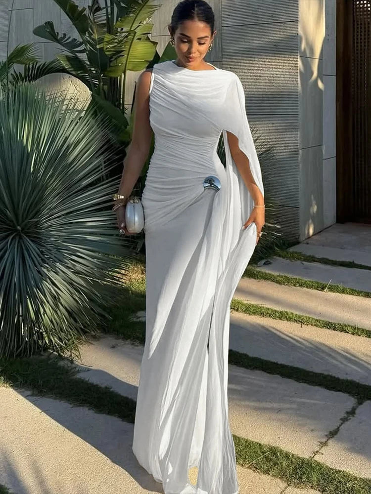 Weird Puss Elegant Party Dress Woman Ruched o-Neck Sleeveless Irregular Ribbon Metal Trim Classic Chic Birthday Banquet Vestidos