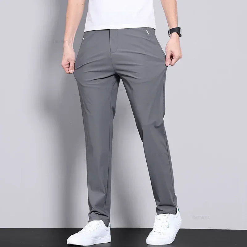 Ultra-thin Elastic Men's Casual Trousers Summer Quick-drying Ice Silk Slim Straight Business Solid Color Y2K Trousers Black Gray