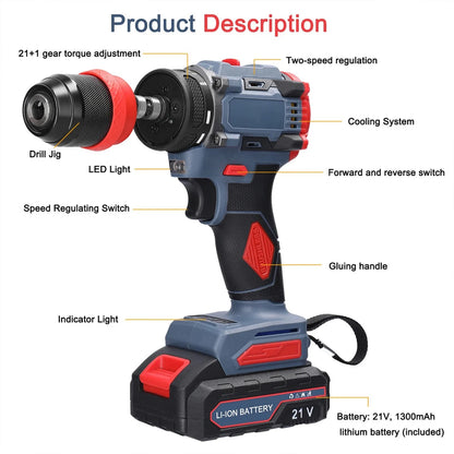 55N.M Brushless Electric Drill Screwdriver 2 IN 1 Handheld Cordless Impact Drill Woodworking DIY Power Tool With 2PCS Battery
