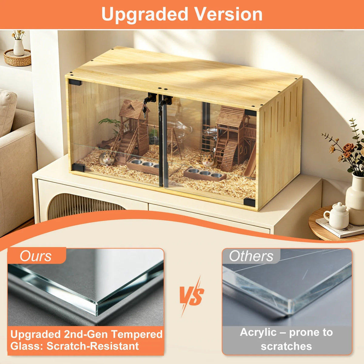 Wooden Hamster Guinea Pigs Cage Mice and Rat Habitat with Removable Divider Tempered Glass Panels Chew-proof Small Animals Cage for Small Pets