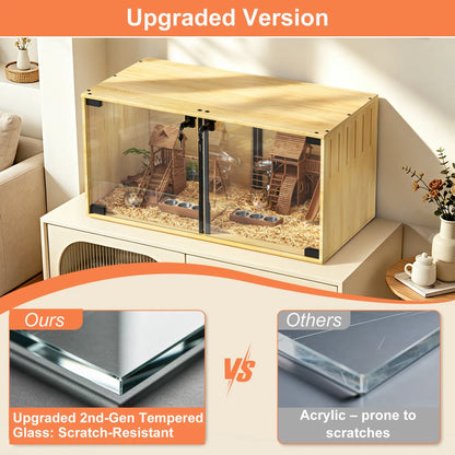 Wooden Hamster Guinea Pigs Cage Mice and Rat Habitat with Removable Divider Tempered Glass Panels Chew-proof Small Animals Cage for Small Pets