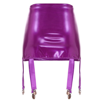 Women's Garter Straps Pencil Skirts Patent Leather Wet Look Garter Belt Short Mini Skirts with Buckle Clips Sexy Clubwear Party