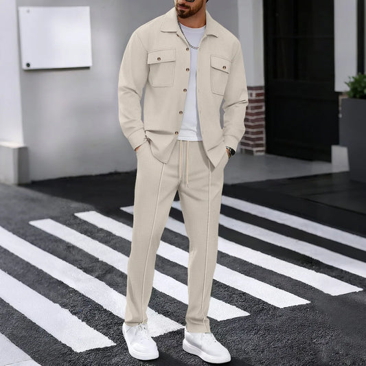 New Men's Solidcolor Waffle Longsleeved Pants Set High Quality Fashionable Comfortable With Double Pockets Workwear Style Cardig
