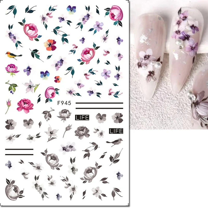 3d Nail Art Decals Elegant White RoyalBlue Roses Flowers Adhesive Sliders Nail Stickers Decoration For Nail Manicure