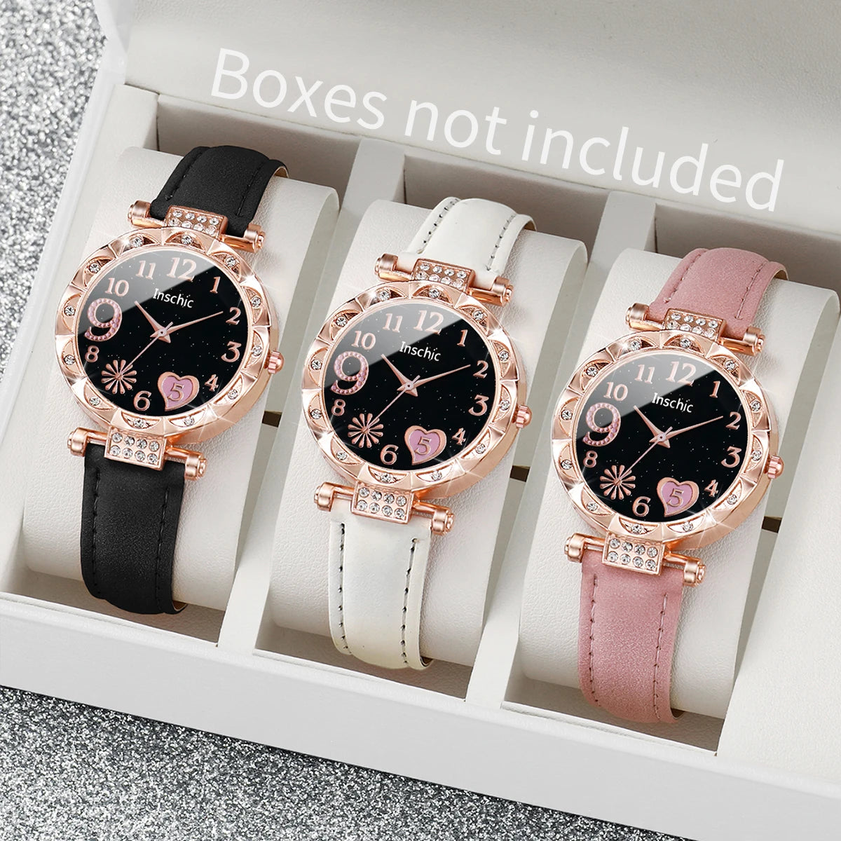 3PCS Women Watches Fashion Rhinestone Heart Dial Quartz Watch Female Leather Band Wristwatches Set（Without Box）