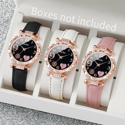 3PCS Women Watches Fashion Rhinestone Heart Dial Quartz Watch Female Leather Band Wristwatches Set（Without Box）