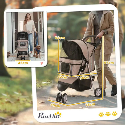 Coffee Foldable Dog and Cat Stroller Buggy, Suitable for Small Pets Weighing up to 10kg, Pet Travel Carrier Stroller with Comfort Cushion, Breathable Mesh Windows, Cup Holder and Extra Storage Bag for Daily Outdoor Use