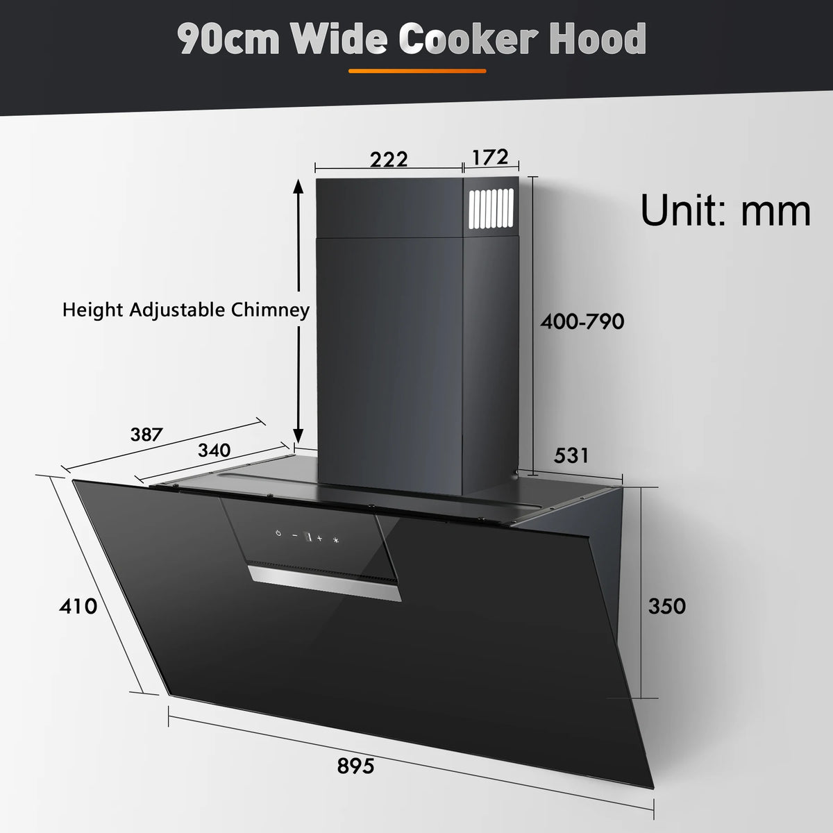 90cm Wall Mounted Cooker Hood 800m³/h A+++ LED Touch Control, Black Glass - Recirculation/Exhaust Option