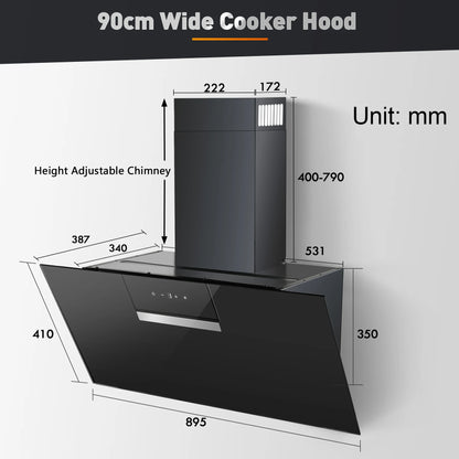 90cm Wall Mounted Cooker Hood 800m³/h A+++ LED Touch Control, Black Glass - Recirculation/Exhaust Option