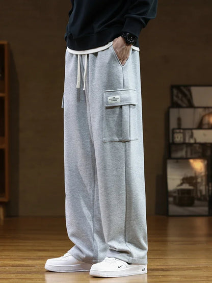 2024 New Sweatpants Men Multi-Pockets Drawstring Cotton Casual Wide Pants Male Loose Straight Trousers Large Size 8XL