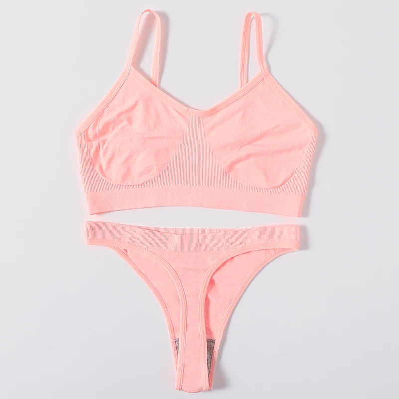 Women Seamless Bra And Panties Set Wire Free Bralette High Leg Cut Thongs Comfort Ribbed Unlined Underwear Sexy Lingerie Set