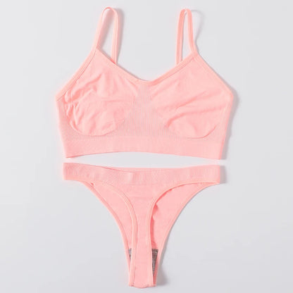Women Seamless Bra And Panties Set Wire Free Bralette High Leg Cut Thongs Comfort Ribbed Unlined Underwear Sexy Lingerie Set