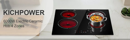 KICHPOWER 60 cm glass 4 plates Touch control, 9 power levels ceramic hob