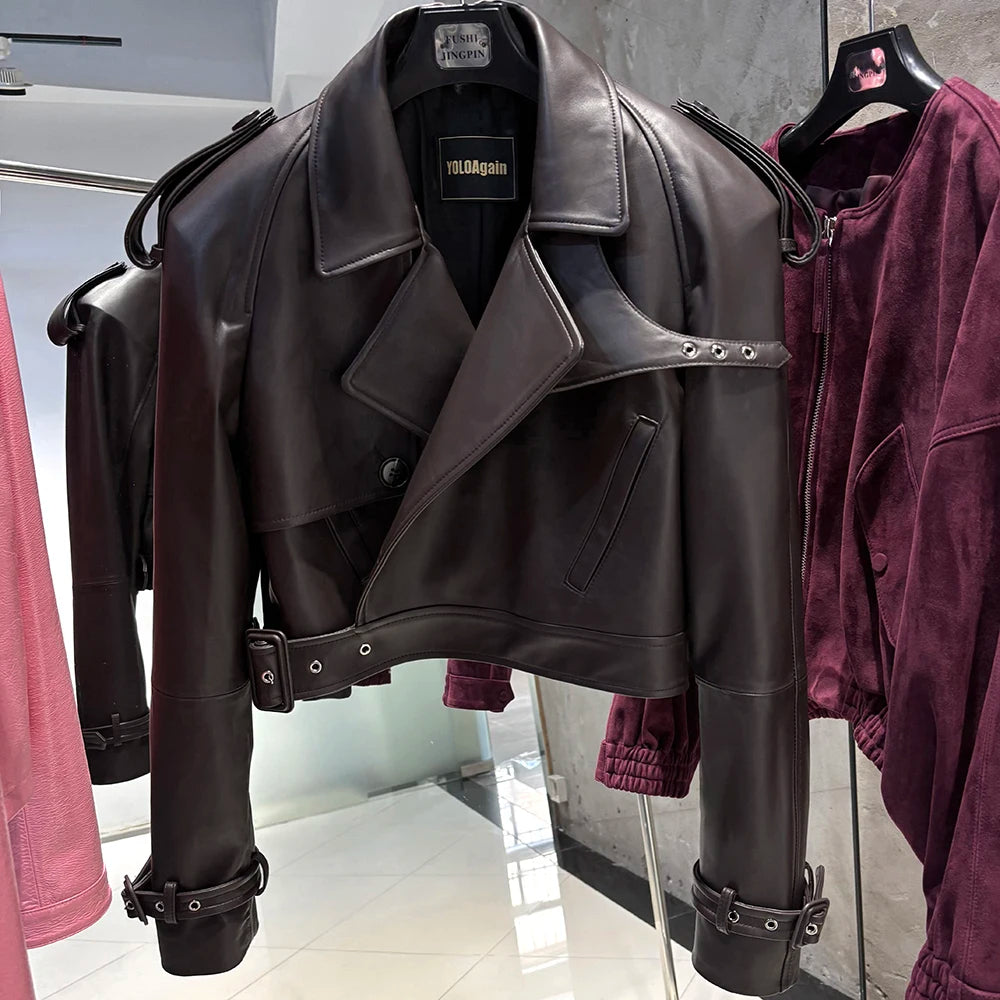 YOLOAgain Wide Shoulder Real Leather Jacket Women Oversized Genuine Leather Cropped Jacket