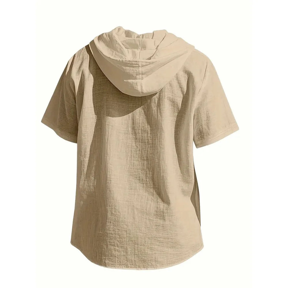 Summer Men's Hooded Cotton Linen Shirt Solid Color Breathable Lightweight Short Sleeve Drawstring Design Tees Male Casual Tops