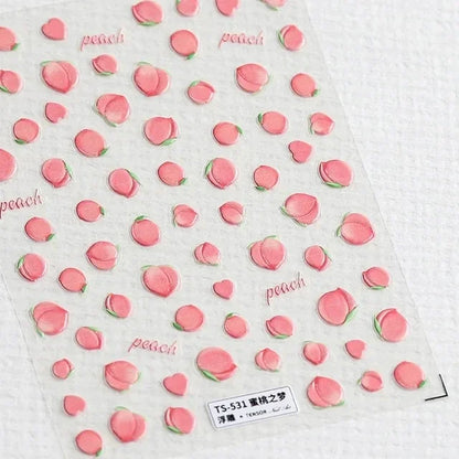 Fresh Sweet Fruits Strawberry Cherry Bowknot Love Heart Lemon 5D Nail Art Stickers Self Adhesive Decorations Nail Manicure Decal