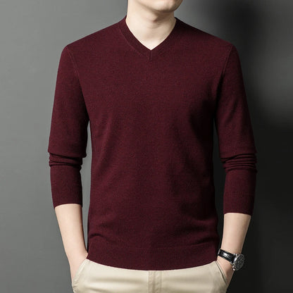 Men's V-Neck Basic Solid Color Sweatshirt Warm Autumn Knitted Oversize Pullover Elastic round Neck Sweater for Casual Wear
