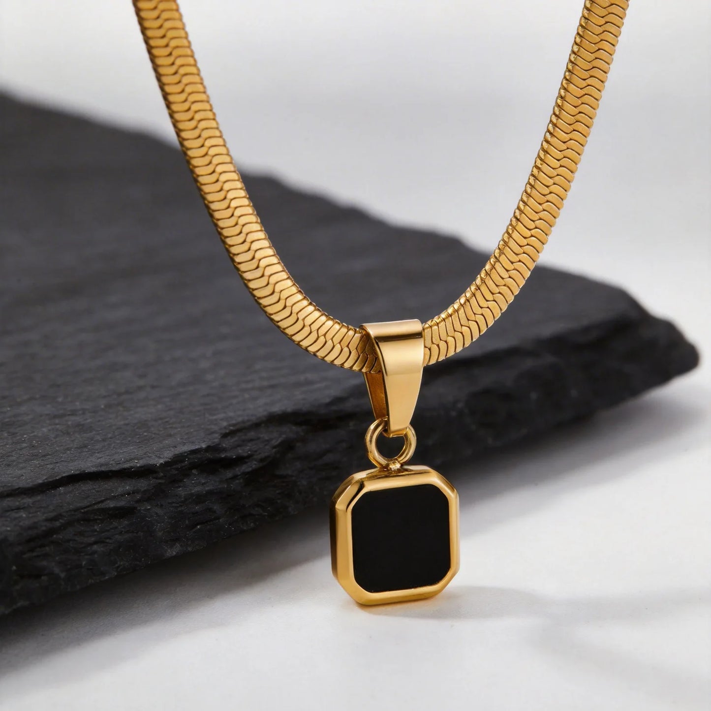 Vnox Geometric Square Natural Stone Pendant Necklace for Men, Gold Silver Color Stainless Steel Blade Chain, Trendy Jewelry Gift