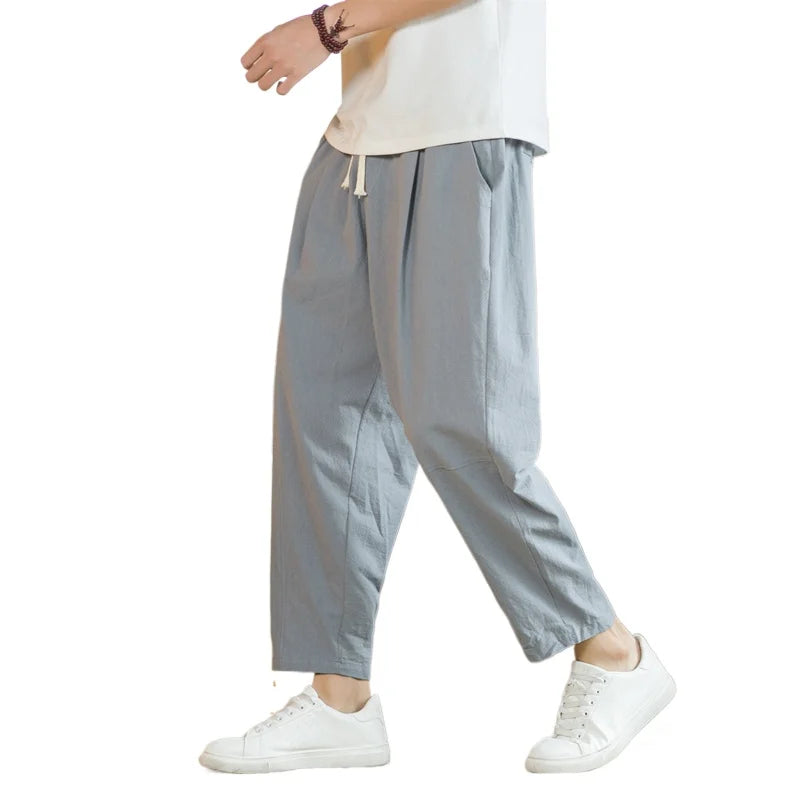 Streetwear Men Cotton Trousers Casual Solid Color Long Pants Breathable Drawstring Straight Pants Harem Pants Men Baggy Pants
