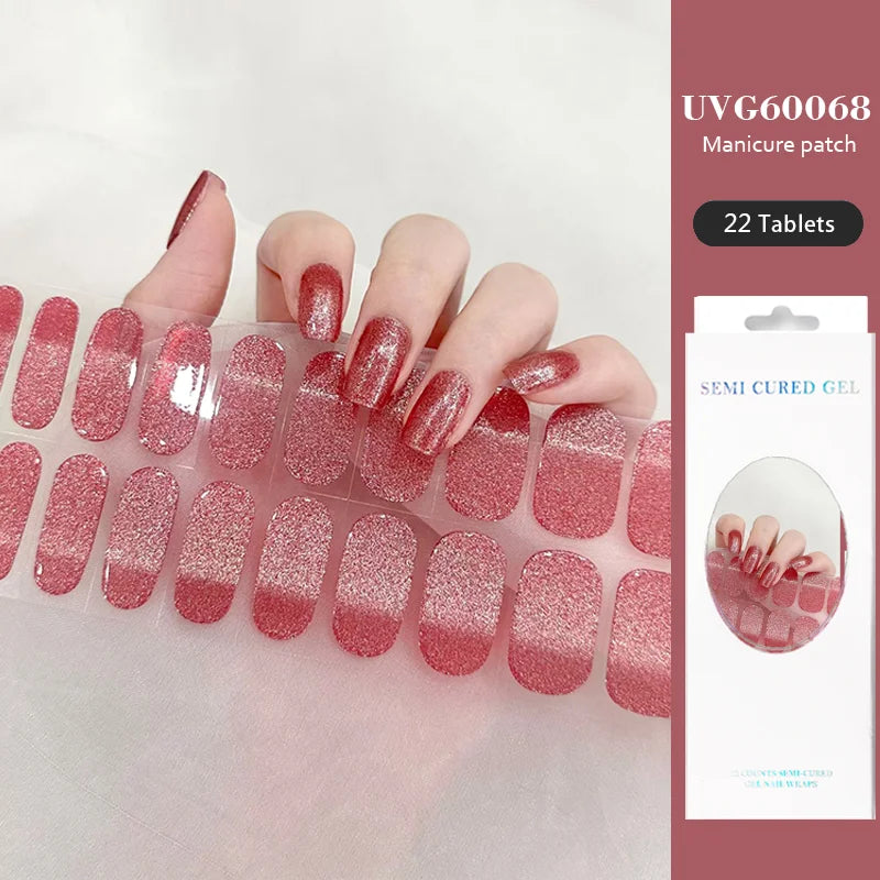16/22 Tips Semi Cured Gel Nail Stickers for UV Lamp Designer Adhesive Nail Gel Wraps DIY Long-lasting  Nail Decoration