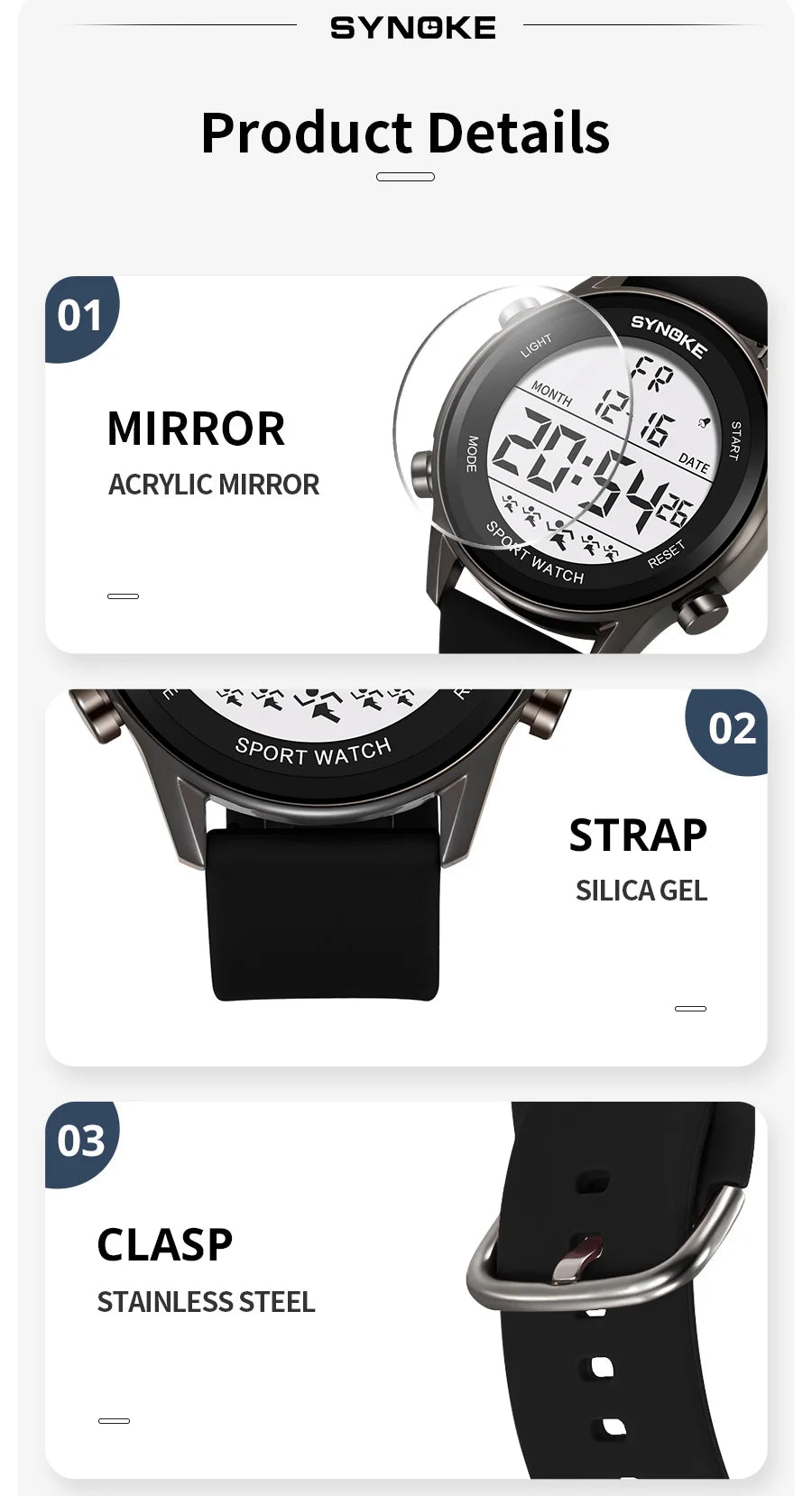SYNOKE Men Outdoor Sports Multifunctional Waterproof Large Screen Display Luminous LED Digital For Men Fashion Silicon Watch