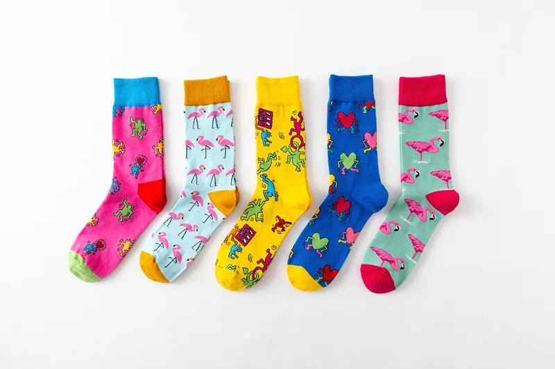 1Pair 35-44 Men Casual Cotton Sock Harajuku Cartoon Flamingo Loving Heart Cute Funny Character Japanese Socks