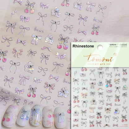 5D Cute Rabbit Love Heart Peach Blossom Flower Yellow Nail Art Stickers Bowknot DIY Self Adhesive Rhinestone Manicure Decals