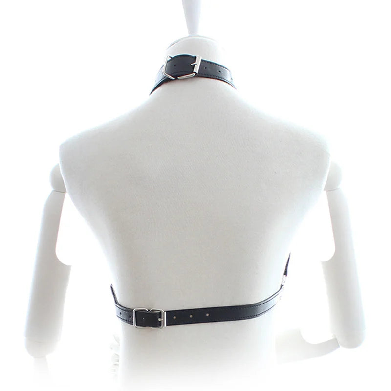 BDSM Alternative Training Sexy Black Leather Collar, nipple clamps, waist binder, and bralette