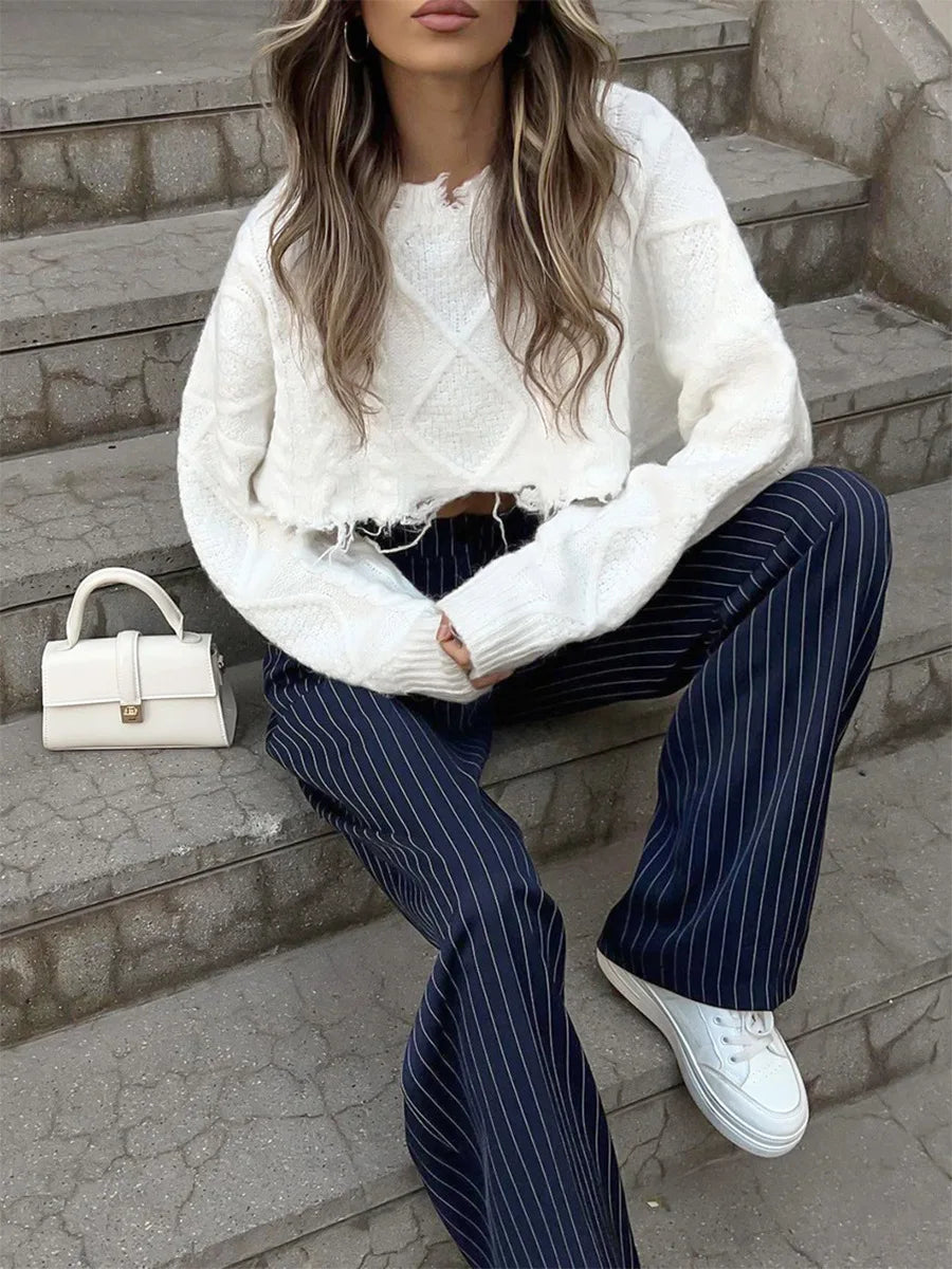 Bornladies Women's  New Autumn Straight Leg Striped Western Trousers Wide Leg Loose Fashion Commuting Suit Pants